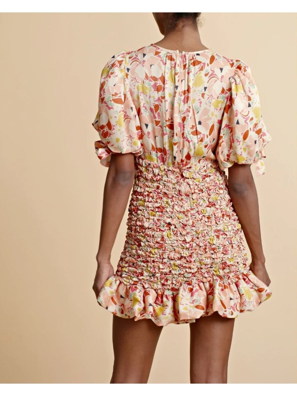 🆕 By TiMo Shirred Smocked Ruffle Crepe Satin Mini Dress Floral Medium - Picture 11 of 16